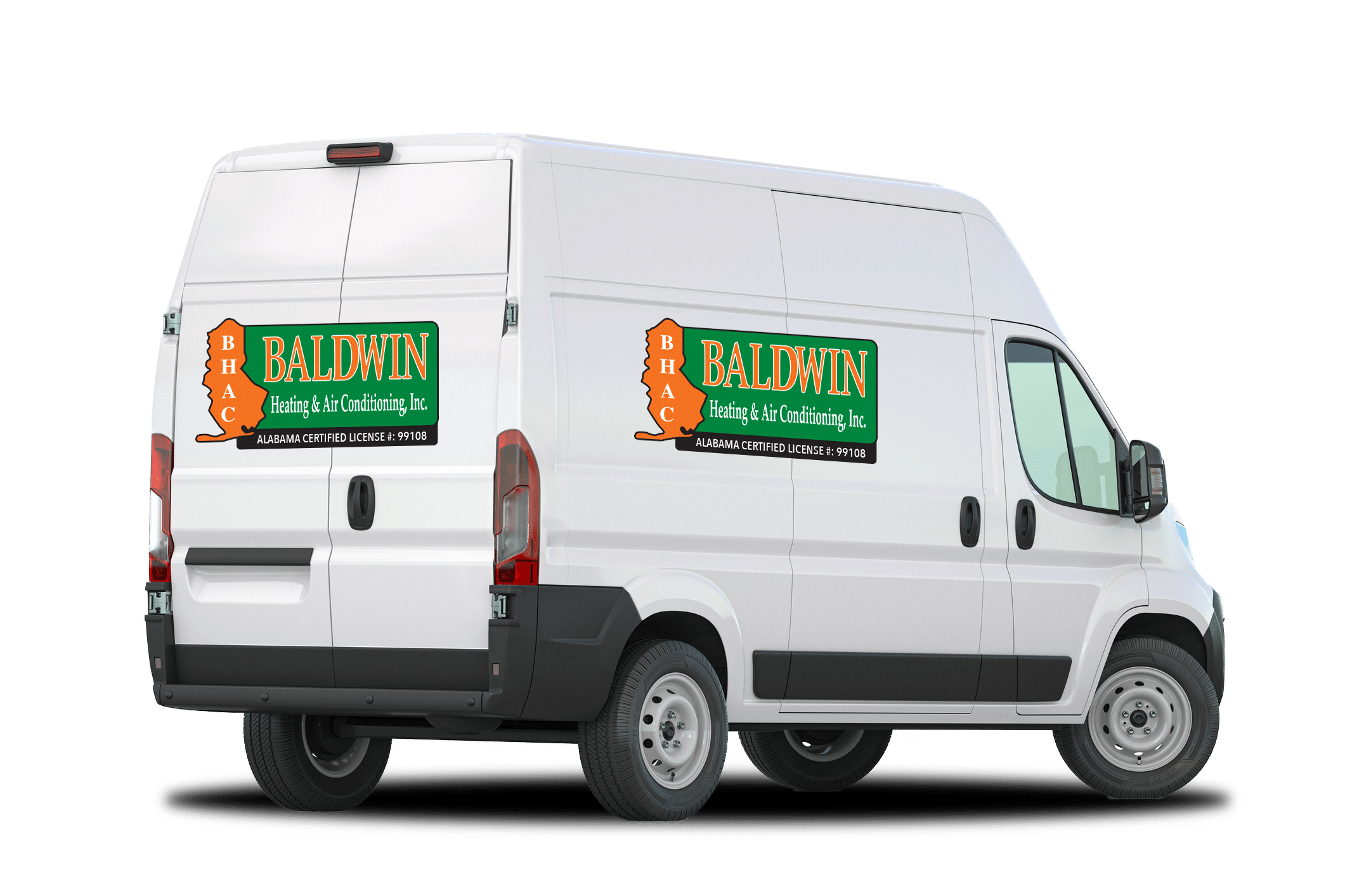 white van with horizontal orange and green baldwin heating & air conditioning logo