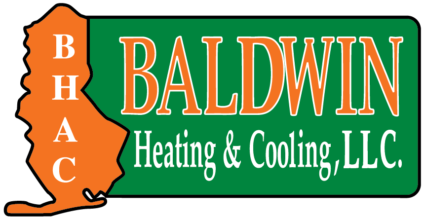 horizontal orange and green baldwin heating & air conditioning logo